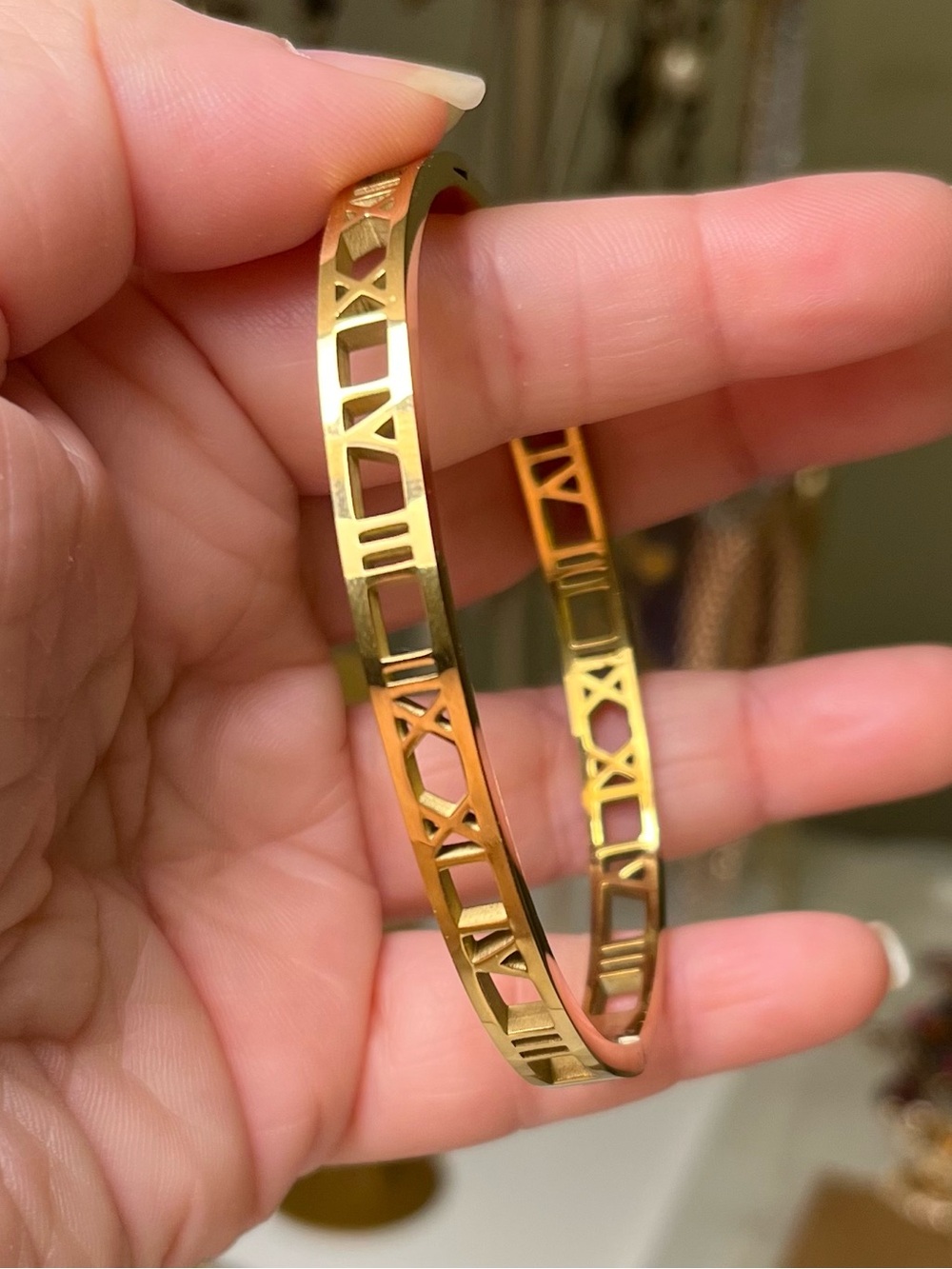 Gold Tone Roman Numeral Hinged Bangle Bracelet